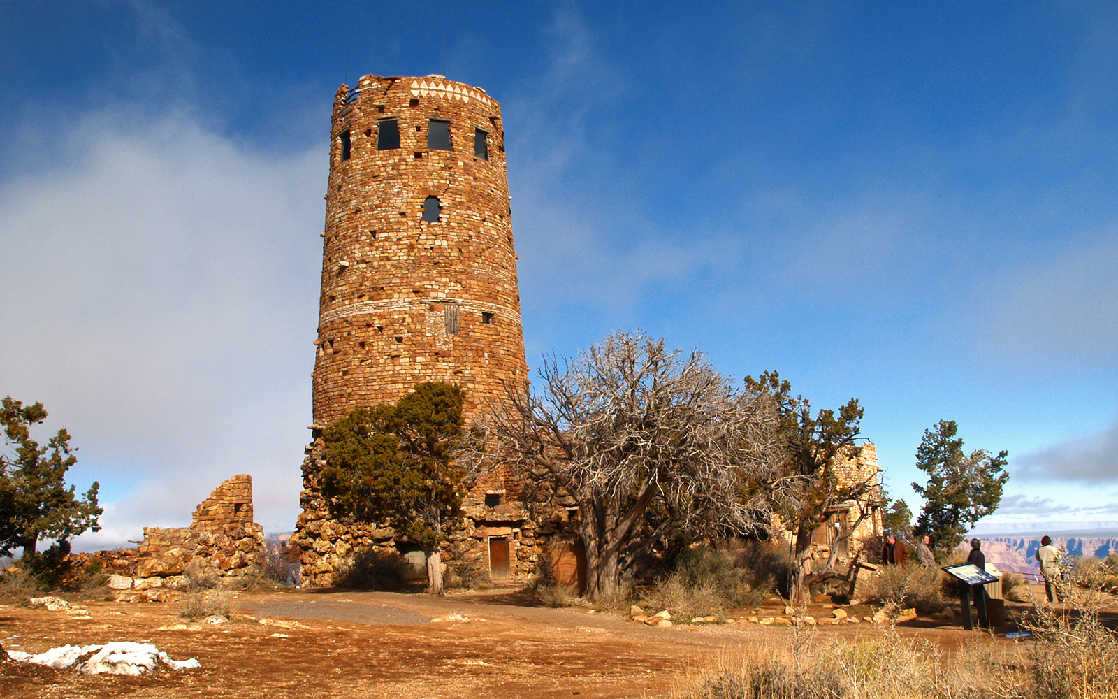 Grand Canyon Desert View Watchtower overlooking vast canyon landscape, Arizona.