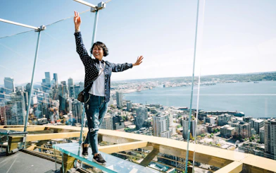 Person enjoying the view from the Space Needle observation deck in Seattle.