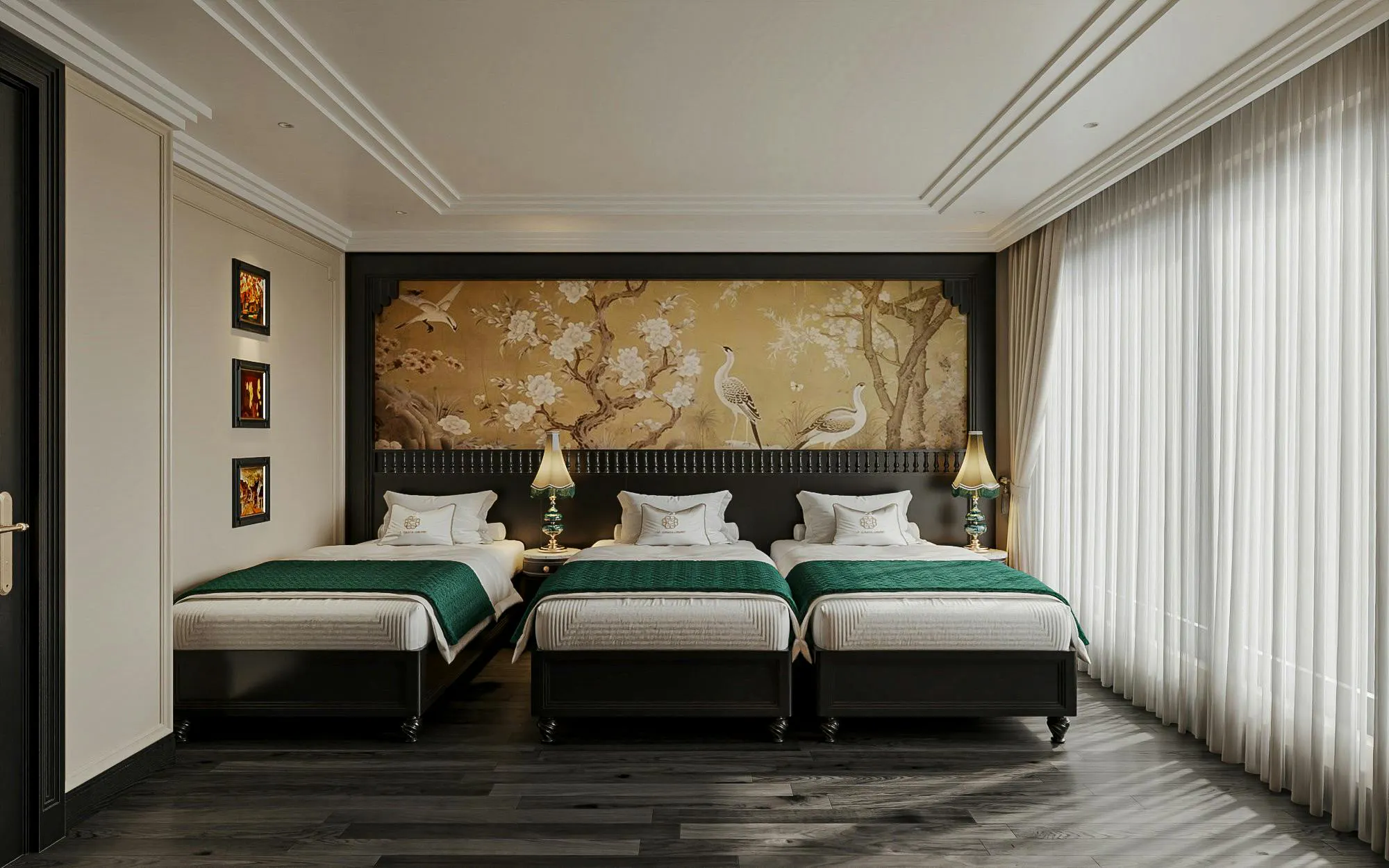 Three beds in a luxury cruise cabin with elegant decor and large window, Lan Ha Bay.