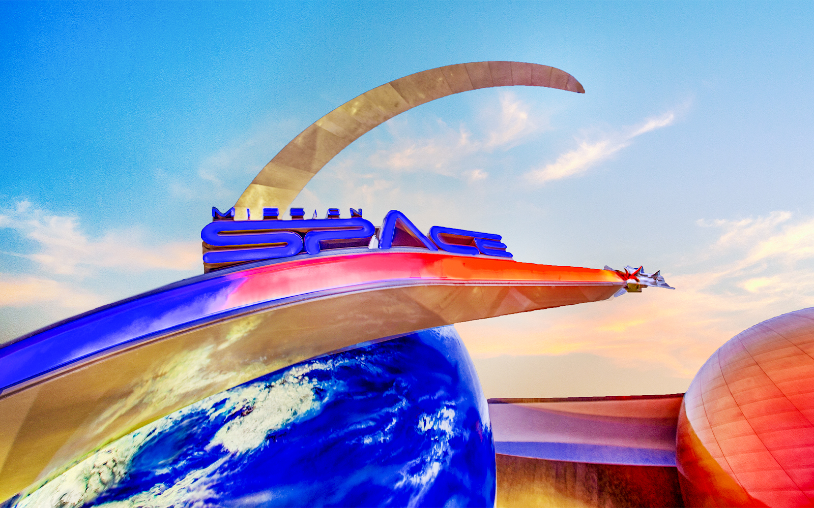 Mission Space entrance at EPCOT Center, Bay Lake, Florida with futuristic design.