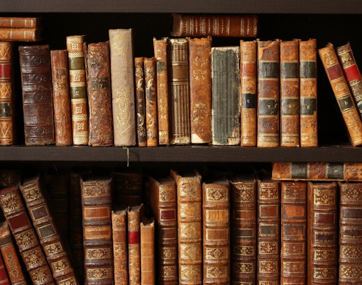 Old books with ornate spines on a wooden shelf.