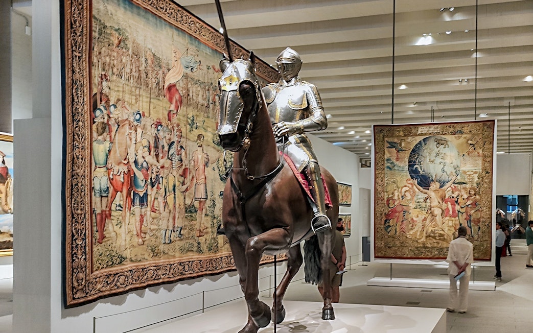 Knight armor on horseback display at Royal Collections Gallery exhibition.