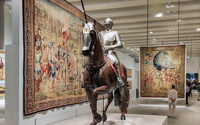 Knight armor on horseback display at Royal Collections Gallery exhibition.