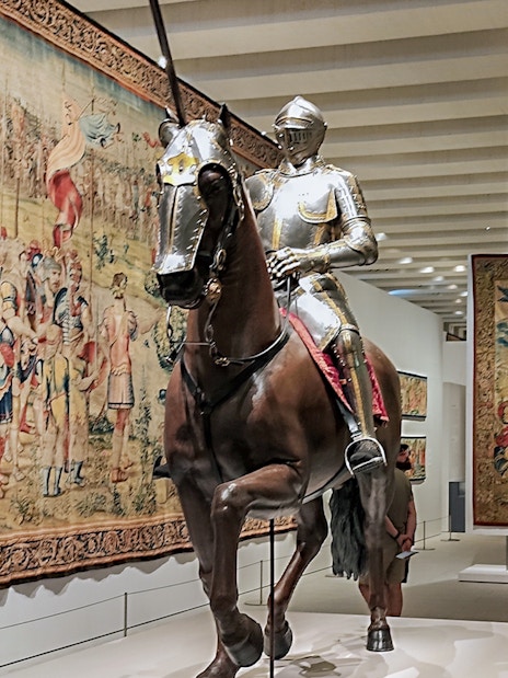 Knight armor on horseback display at Royal Collections Gallery exhibition.