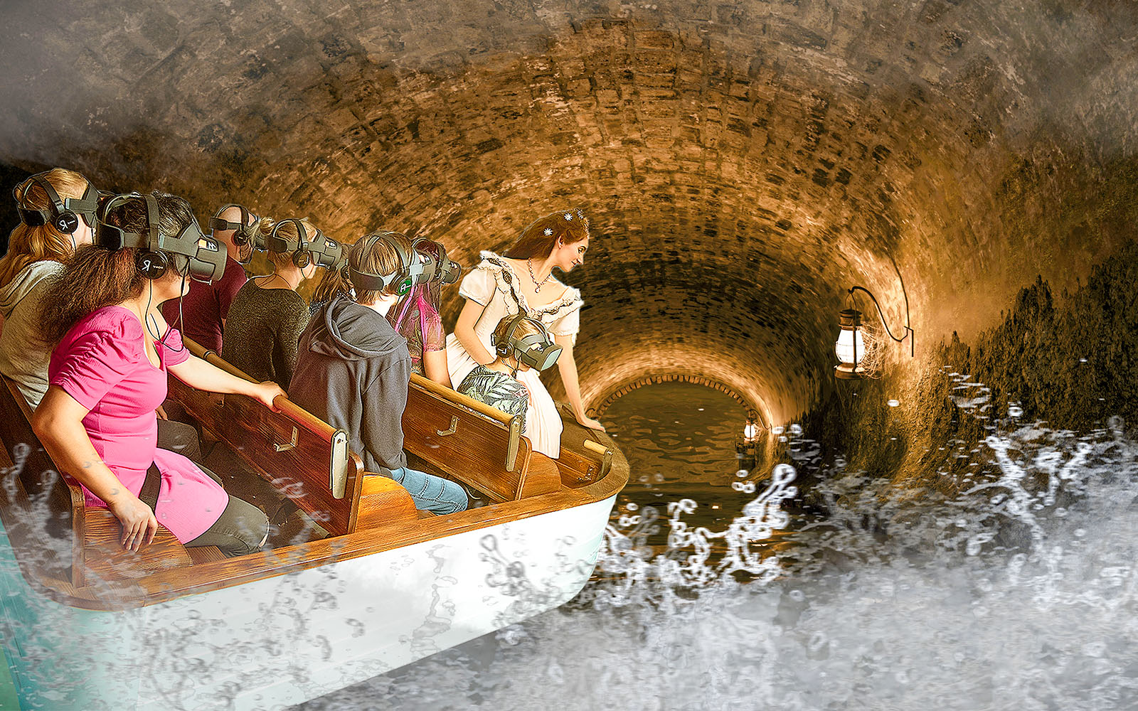 Guests wearing VR headsets on a boat in Time Travel Empress Sisi Virtual Reality Experience.