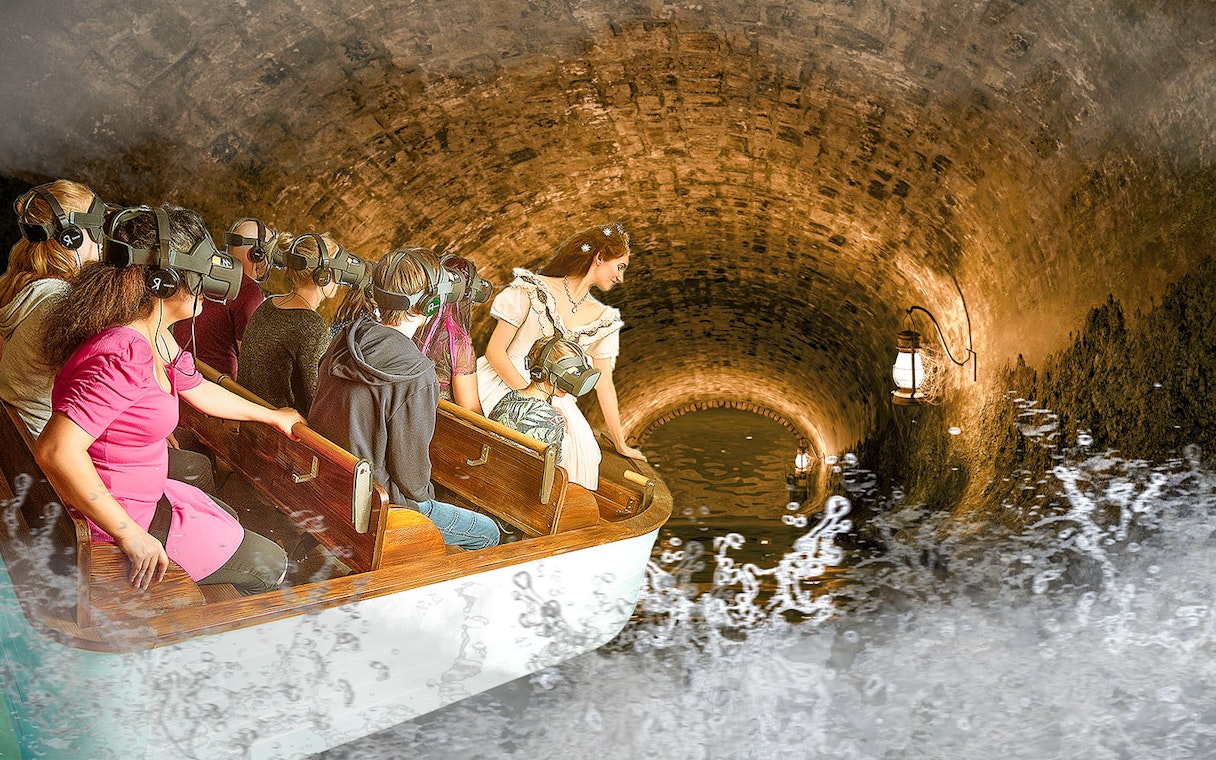 Guests wearing VR headsets on a boat in Time Travel Empress Sisi Virtual Reality Experience.