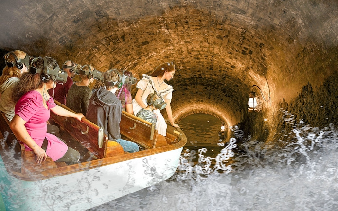 Guests wearing VR headsets on a boat in Time Travel Empress Sisi Virtual Reality Experience.