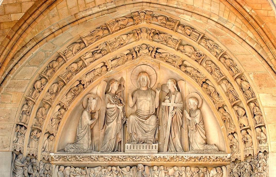 North Side of the Rose window depicting Old Testament scenes, including creation and early human history, at Sainte-Chapelle, Paris.