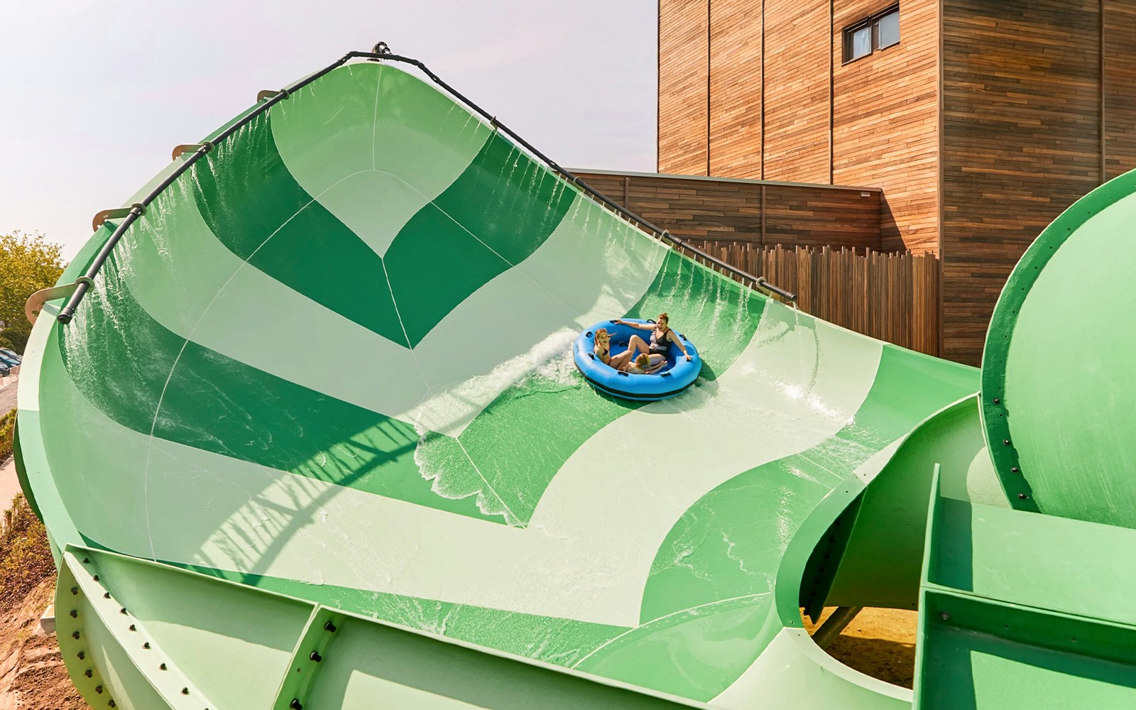 Tourists on a water ride at Bellewaerde Aquapark.