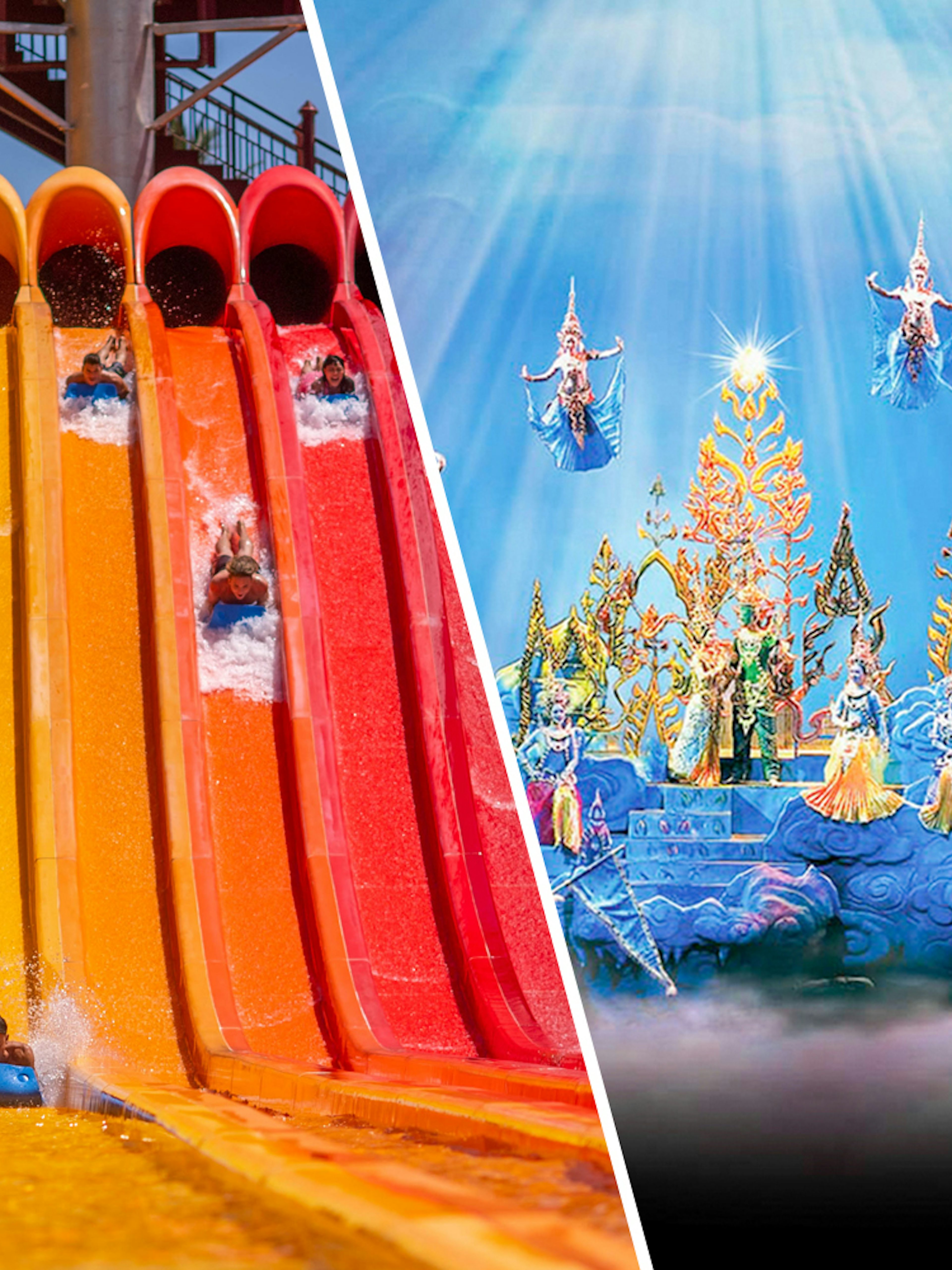 Water slides at Andamanda Phuket Water Park and cultural performance at Siam Niramit Phuket.