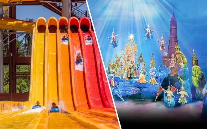 Water slides at Andamanda Phuket Water Park and cultural performance at Siam Niramit Phuket.