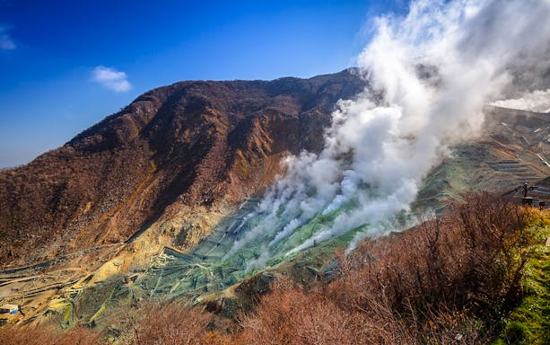 Active sulphur vents emitting steam at Owakudani, Fuji volcano, Japan.