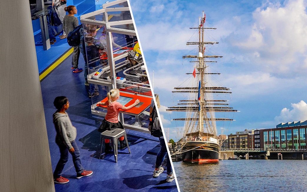 NEMO Science Museum interactive exhibit and historic ship at National Maritime Museum, Amsterdam.