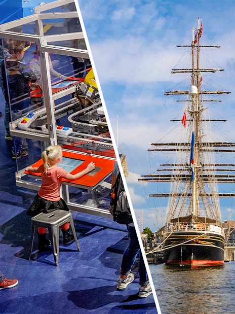 NEMO Science Museum interactive exhibit and historic ship at National Maritime Museum, Amsterdam.