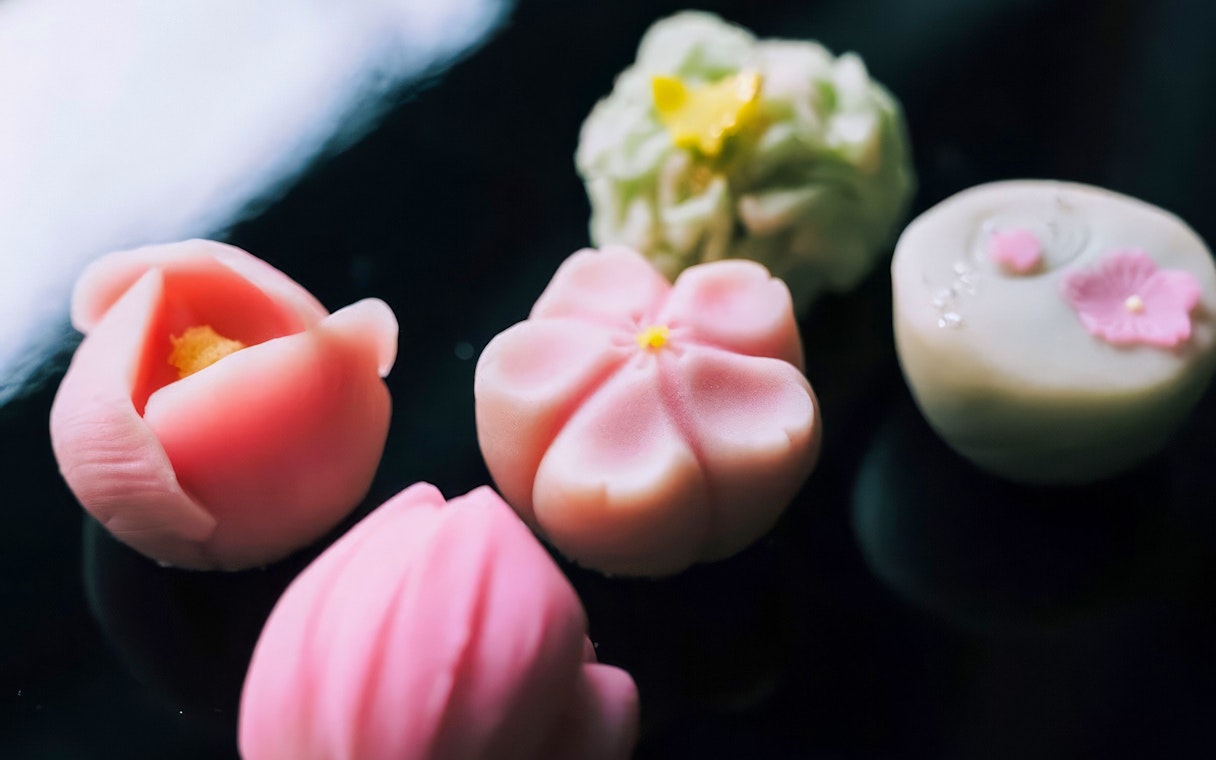 Wagashi sweets arranged for a traditional tea ceremony.