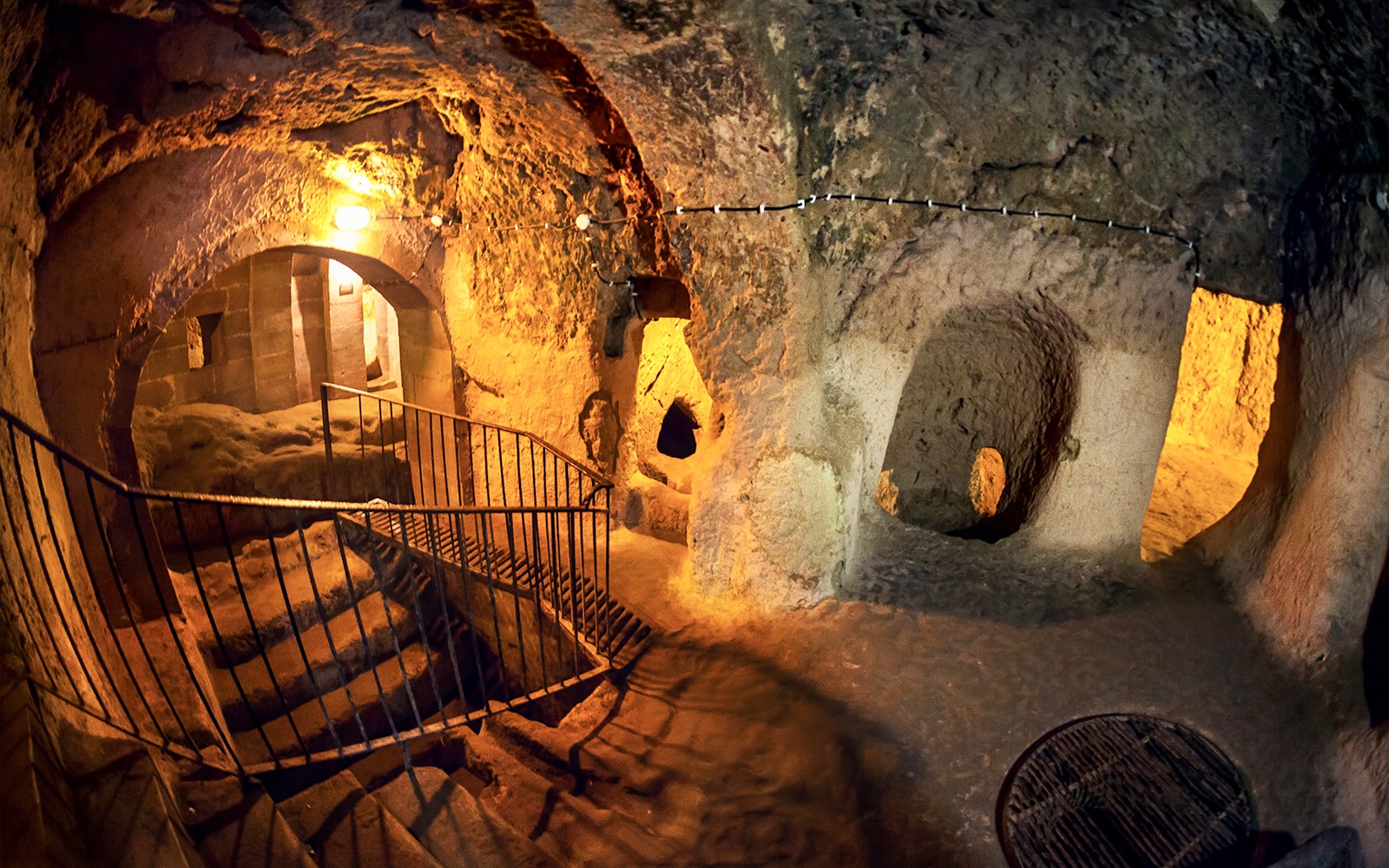 Maze of caves with stairs inside Derinkuyu Underground City, Turkey.
