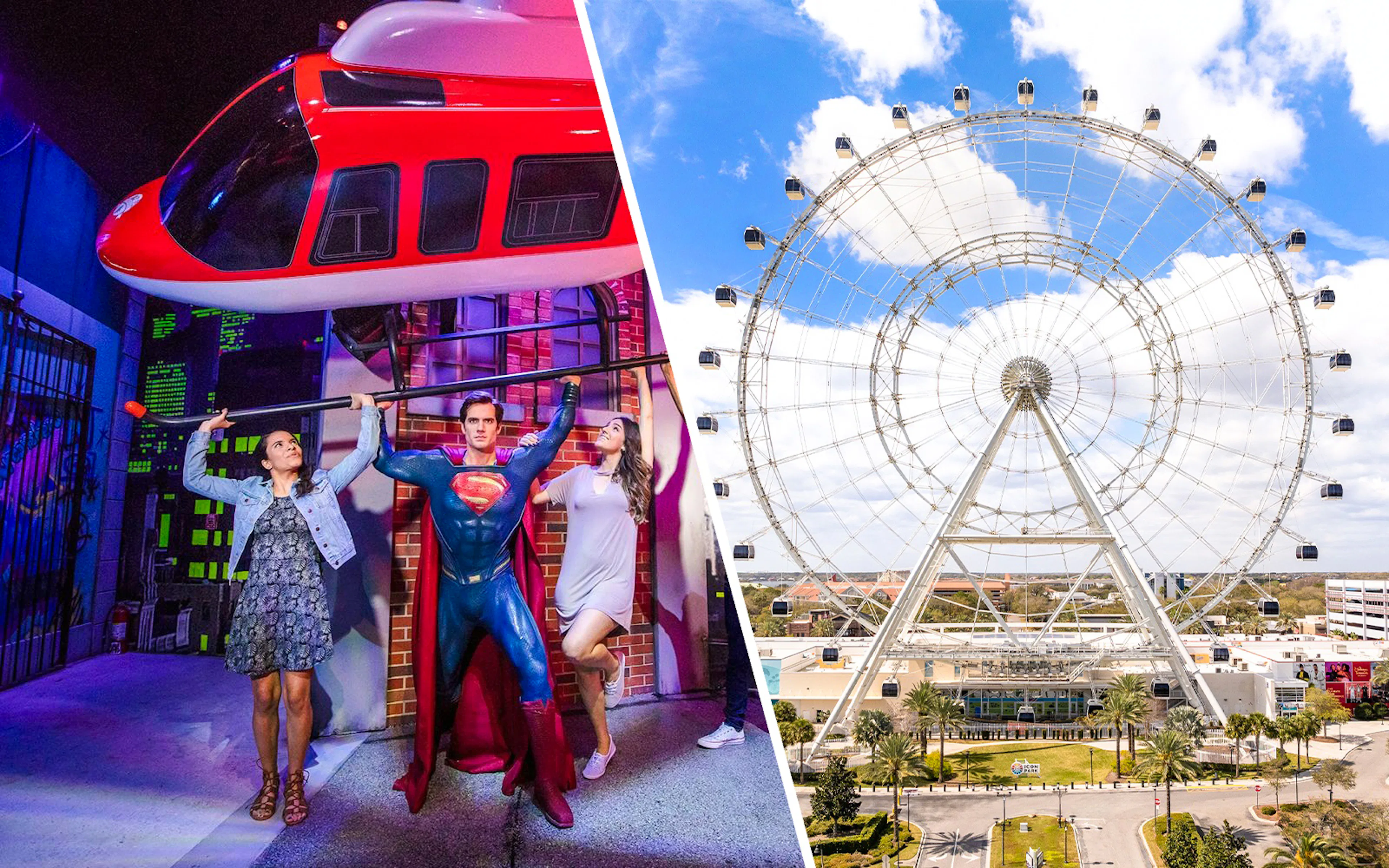 Madame Tussauds Orlando exhibit with wax figure and ICON Park Ferris wheel.