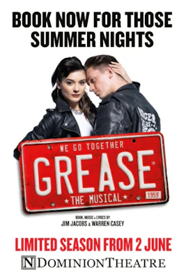 Grease musical poster with cast in 1950s attire, New York City.