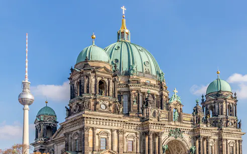 Berlin Cathedral with TV Tower in the background, Berlin, Germany.
