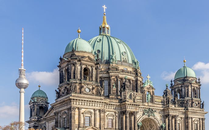 Berlin Cathedral with TV Tower in the background, Berlin, Germany.