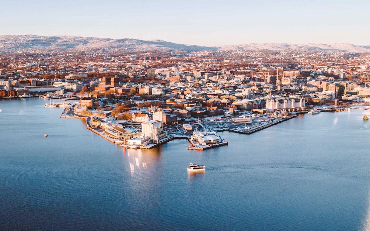Aerial view of Oslo fjord with a sightseeing cruise ship, cityscape in the background.