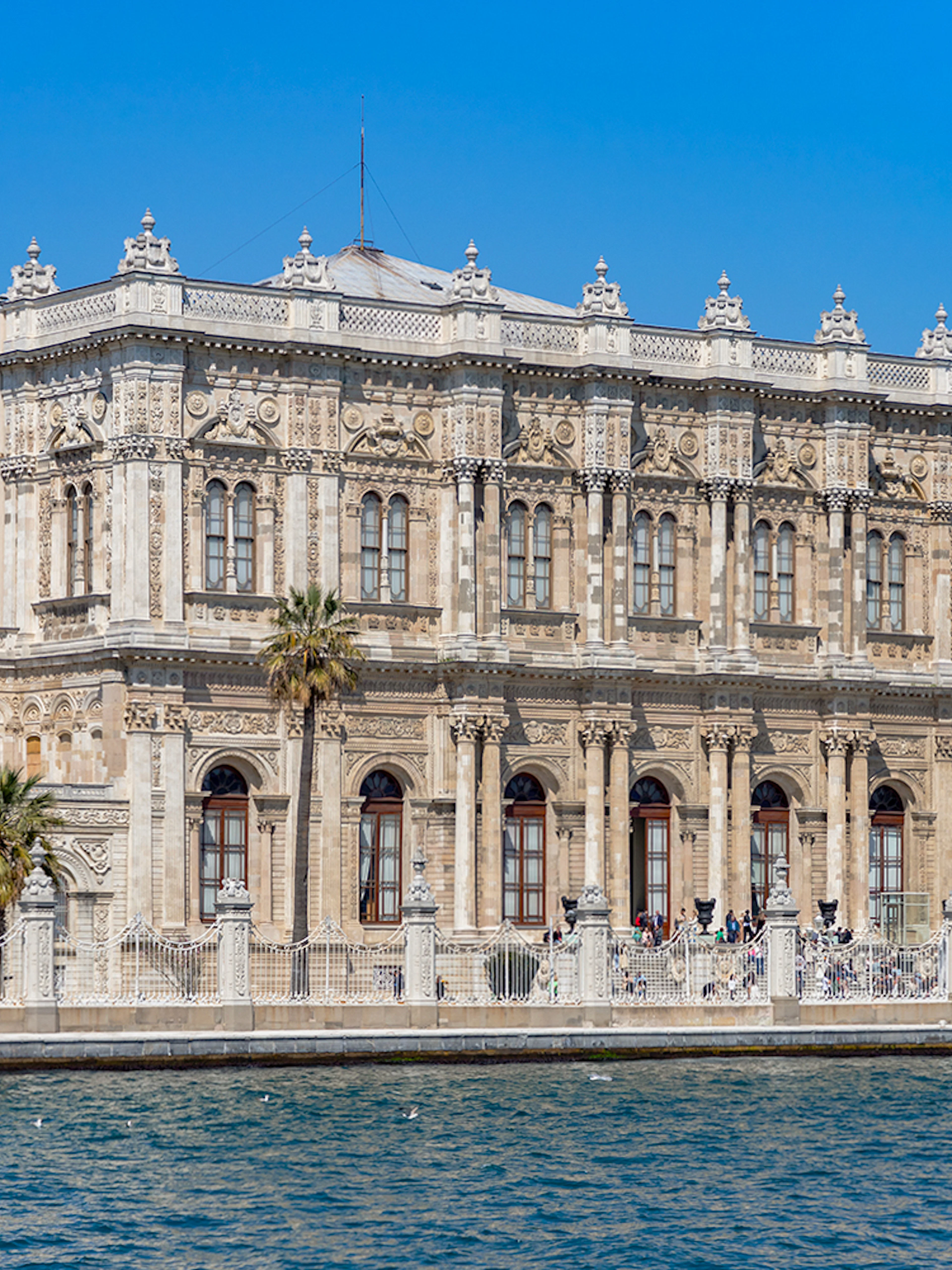 Dolmabahce Palace facade viewed from Bosphorus, Istanbul, Turkey.