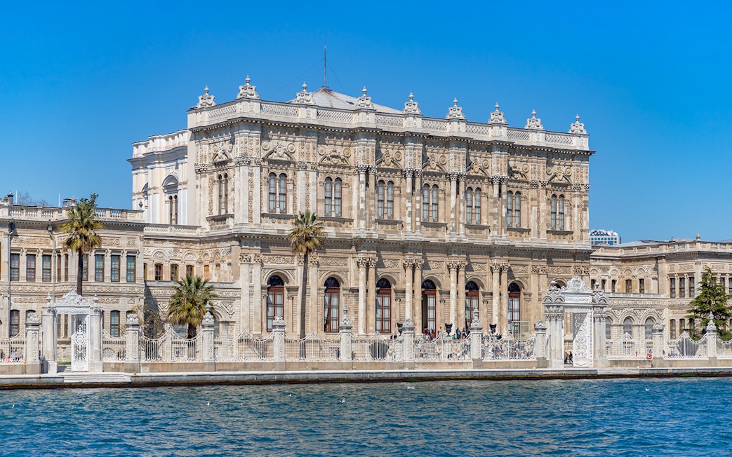 Dolmabahce Palace facade viewed from Bosphorus, Istanbul, Turkey.