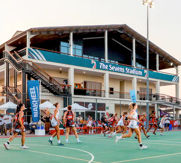 Players compete in a netball match at The Sevens Stadium, Dubai during Emirates Dubai 7s.