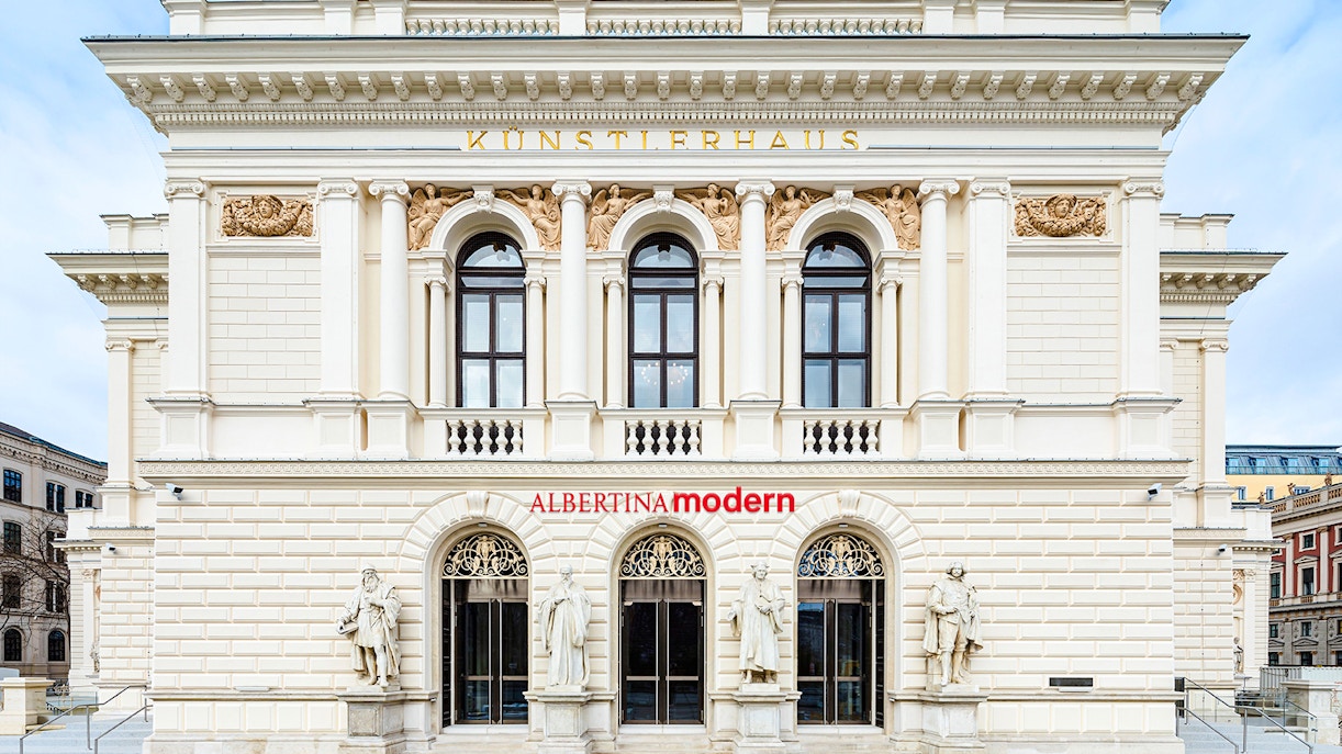 Albertina Modern entrance with classical statues, Vienna.
