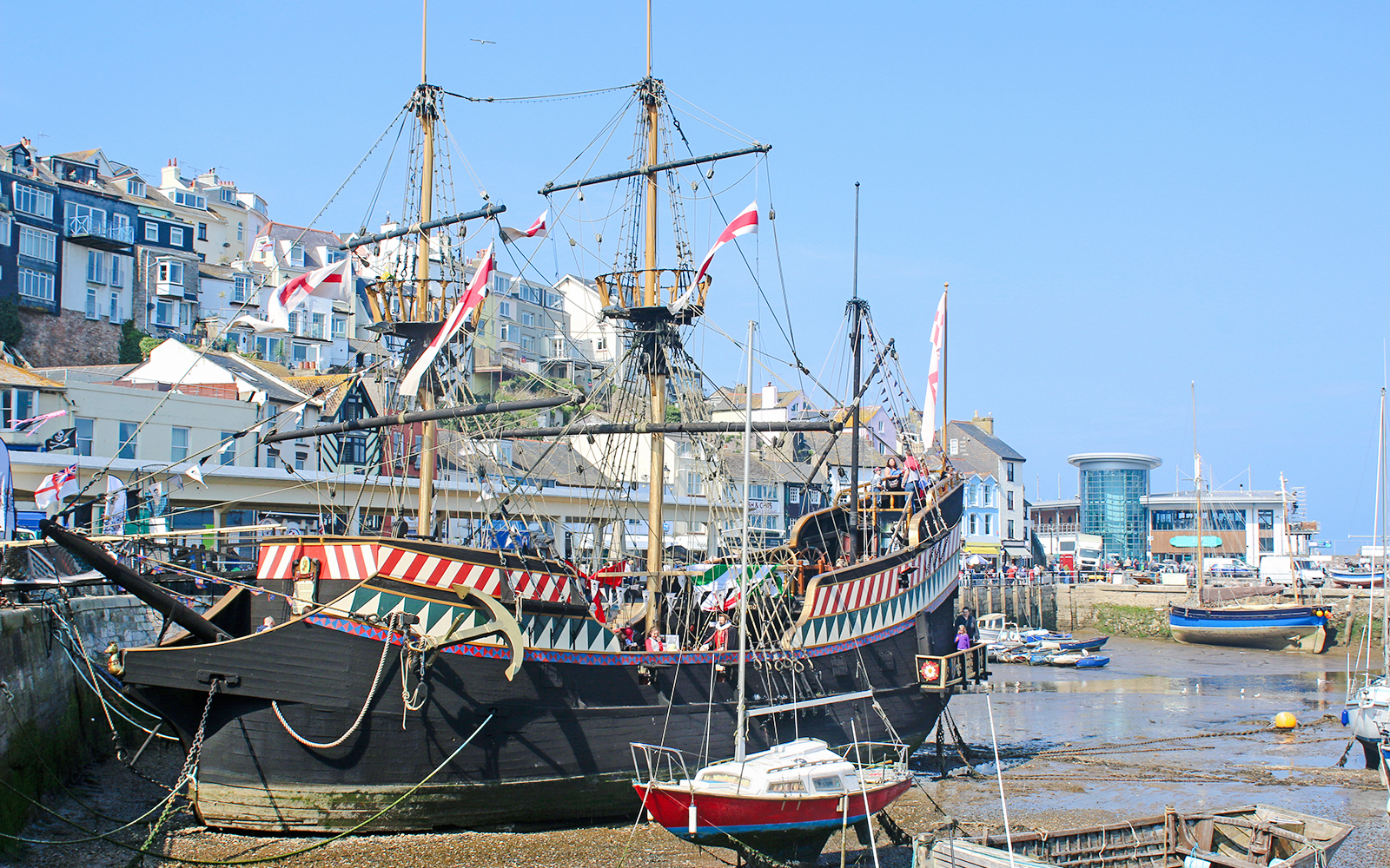 Francis Drake's Golden Hind replica docked in Brixham harbor, England.