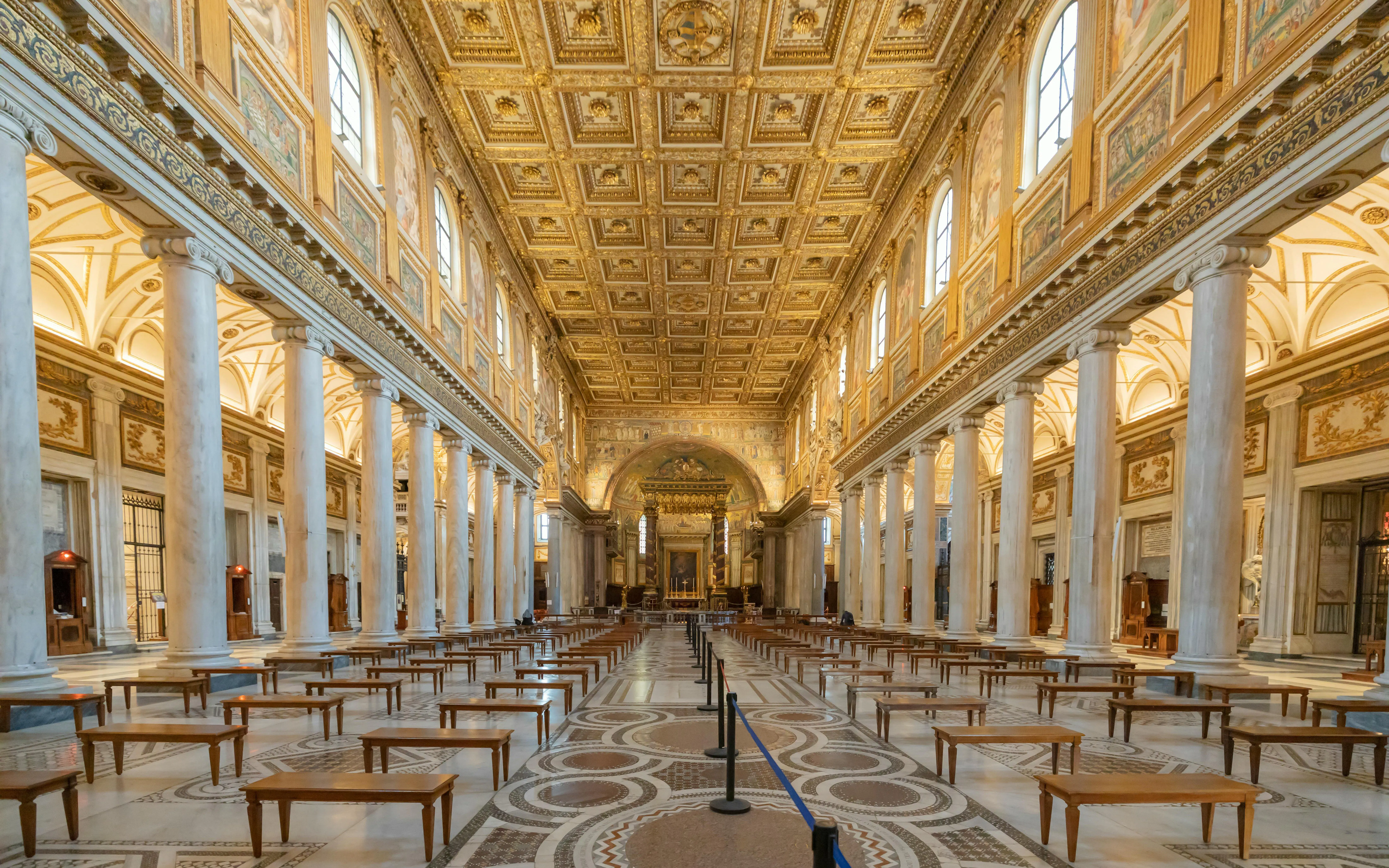 Nave with gilded coffered ceiling in Basilica of Santa Maria Maggiore, Rome.