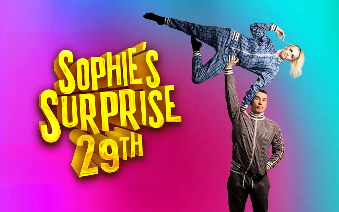 Acrobat lifting performer in plaid outfit, "Sophie's Surprise 29th" text on colorful background.