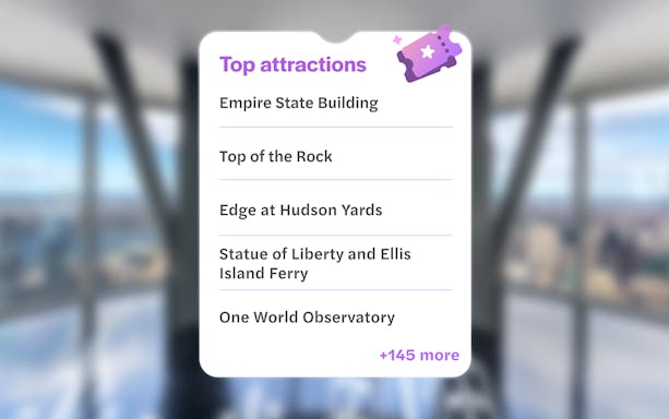Top attractions list featuring Empire State Building and more.