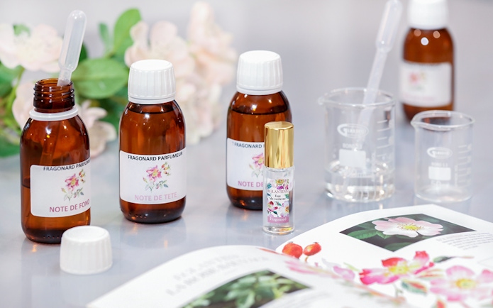 Perfume bottles and beakers at Mini Perfume Workshop in Grasse.