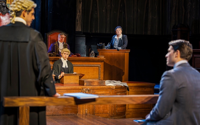 Cast of "Witness for the Prosecution" in courtroom scene, West End show.