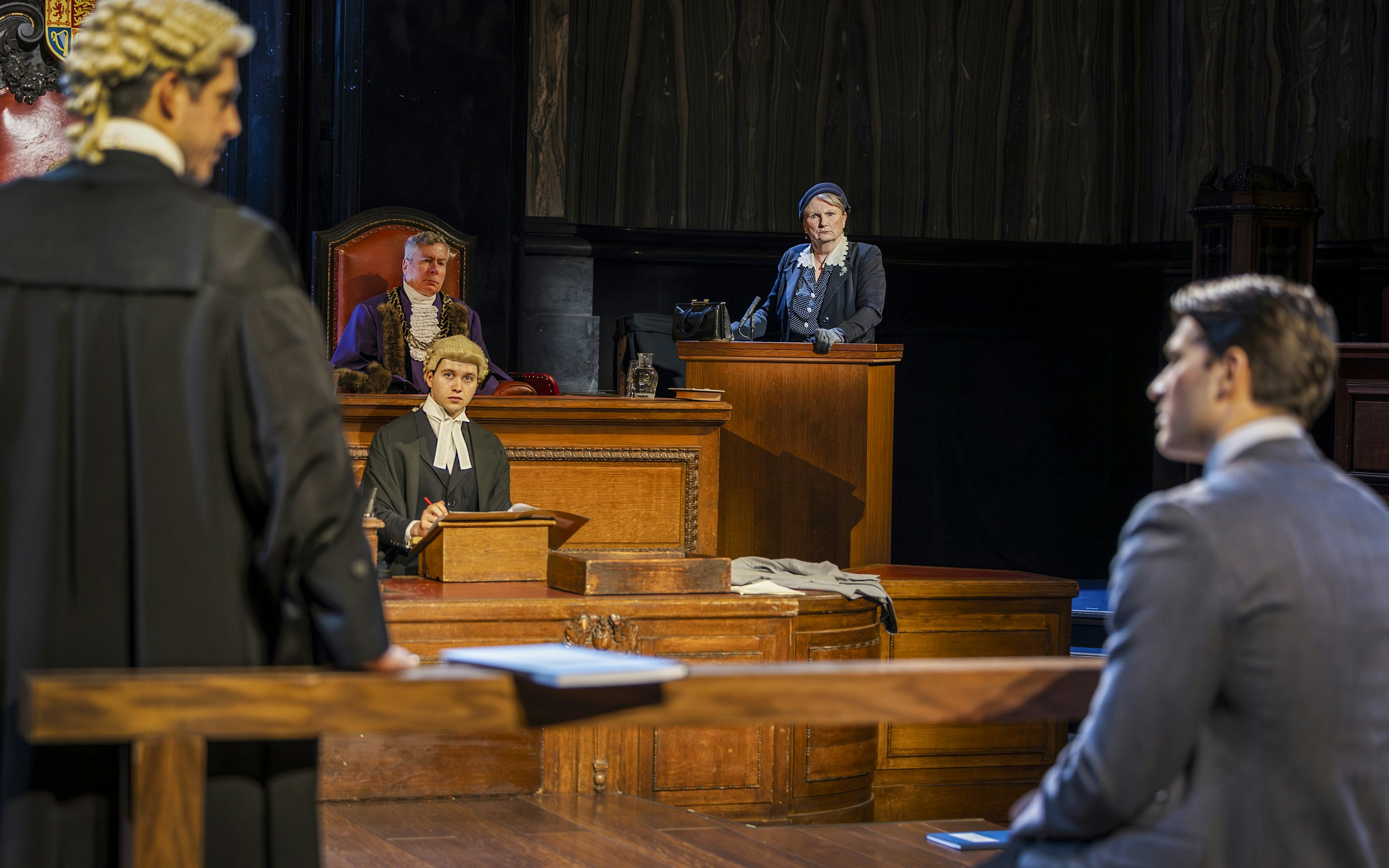 Cast of "Witness for the Prosecution" in courtroom scene, West End show.