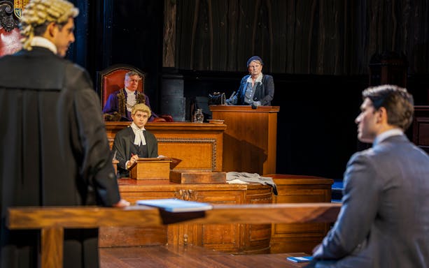 Cast of "Witness for the Prosecution" in courtroom scene, West End show.