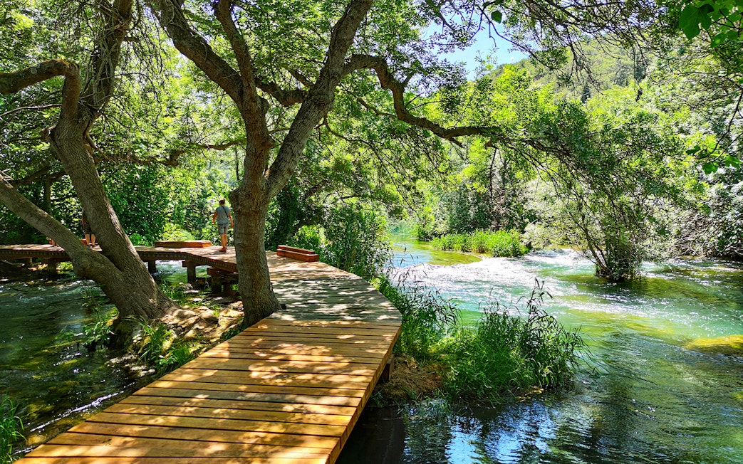 Wooden walkway through lush greenery at Krka National Park, Croatia.