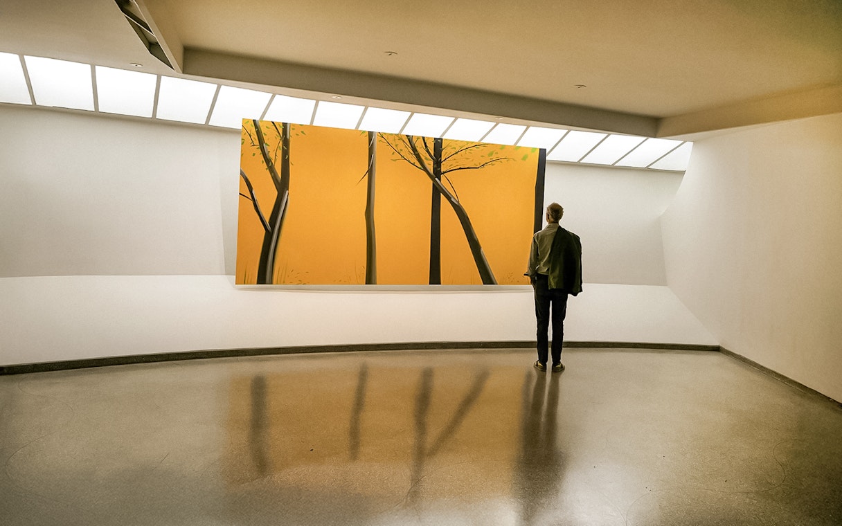 Visitor viewing modern art at Guggenheim Museum, New York.