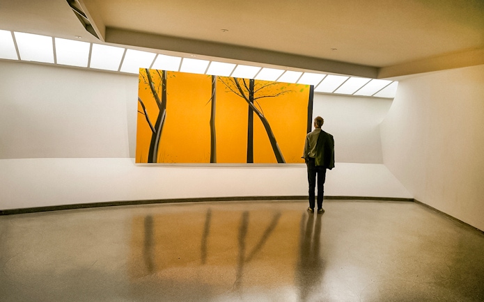 Visitor viewing modern art at Guggenheim Museum, New York.