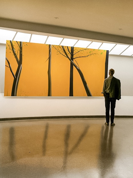 Visitor viewing modern art at Guggenheim Museum, New York.