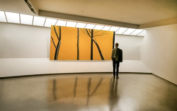 Visitor viewing modern art at Guggenheim Museum, New York.