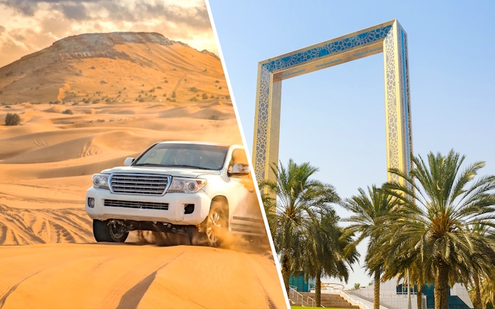 Desert safari with SUV in Dubai dunes and view of Dubai Frame.