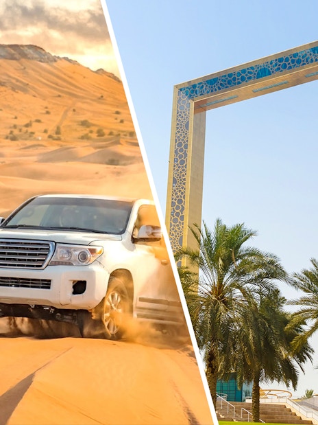 Desert safari with SUV in Dubai dunes and view of Dubai Frame.