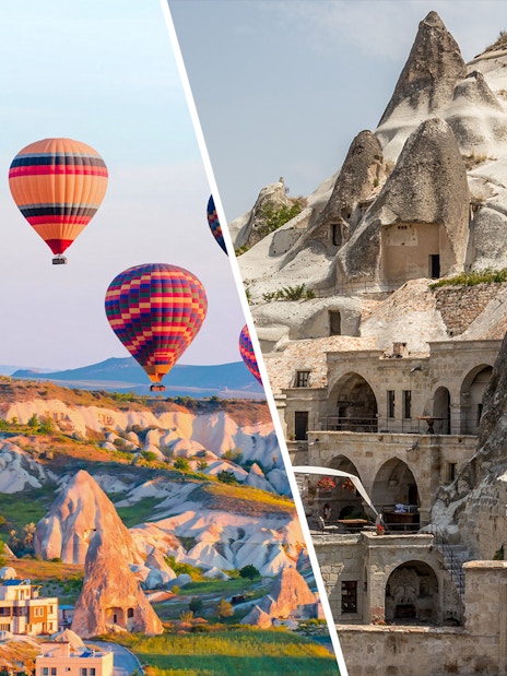 Hot air balloons over Cappadocia landscape and rock formations of Open Air Museum.