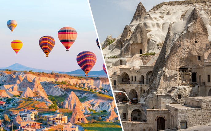 Hot air balloons over Cappadocia landscape and rock formations of Open Air Museum.