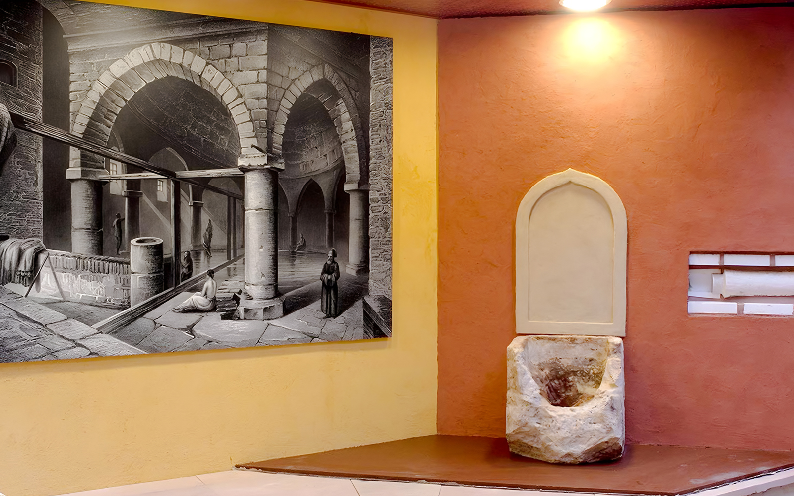 Rudas Thermal Spa interior with historical mural and stone basin.