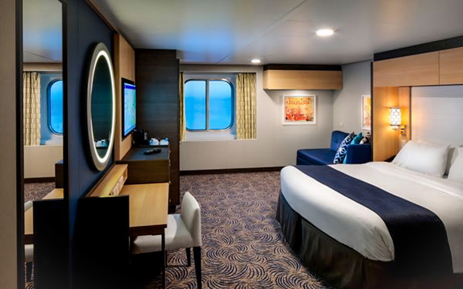 Cruise ship room with large window view, Singapore to Penang and Phuket route.