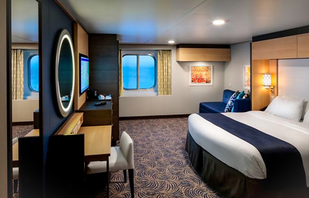 Cruise ship room with large window view, Singapore to Penang and Phuket route.
