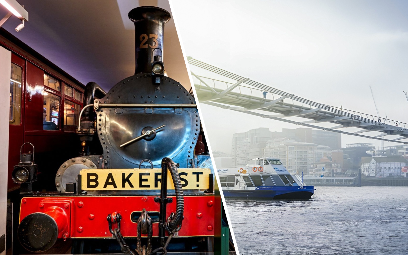 Steam locomotive at London Transport Museum and boat on River Thames under Millennium Bridge.